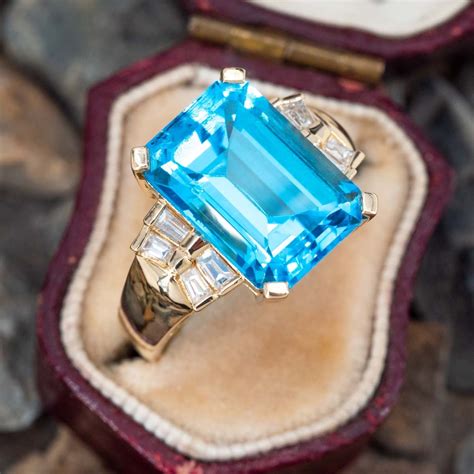 Vibrant Swiss Blue Topaz Ring W Diamond 14K Yellow Gold