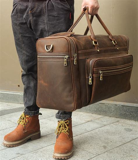 Vintage Large Leather Men S Overnight Bag Brown Travel Bag Weekender B