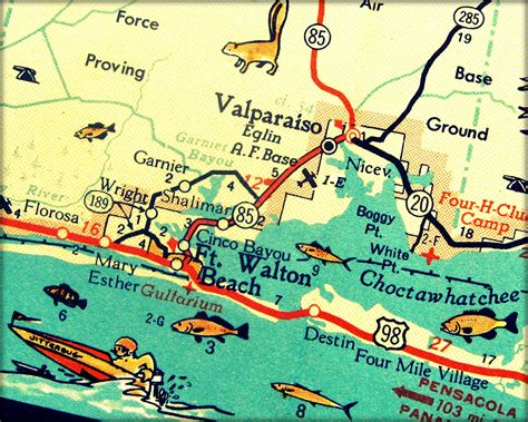 Vintage Map Destin Florida Beach Decor 1960S Art Print Ft Walton Beach 8X10 Aqua Red Fish