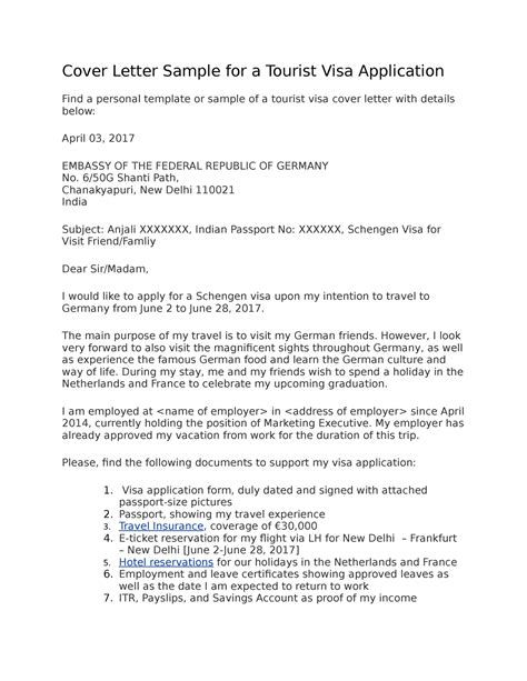 Visa Letter Template Cover Letter Sample For A Tourist Visa