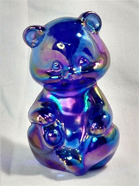 Vtg Fenton Iridescent Carnival Glass Bear Figurine Heat Floral Signed