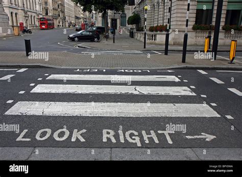 Warning At Crossroad Of London To Look Right And Left Stock Photo Alamy