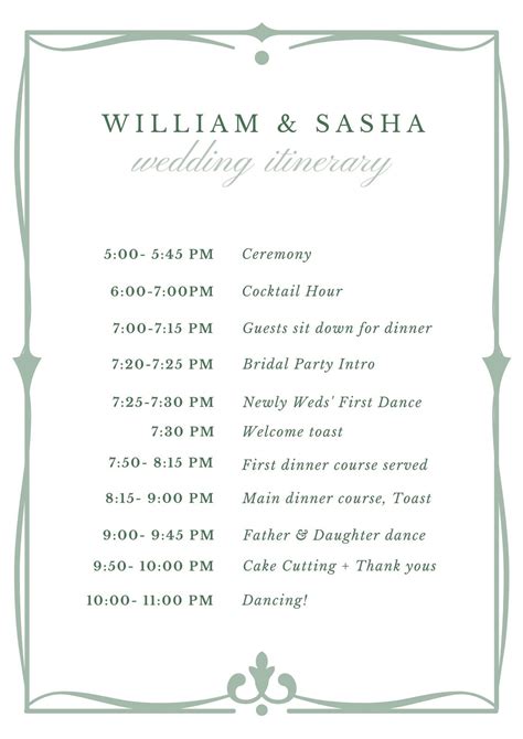 Wedding Itinerary For Guests Template Free