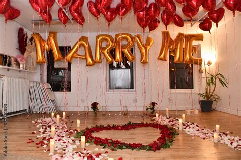 Will You Marry Me Proposal Decoration Set With Sign From Ballons In The City Stock Photo Image