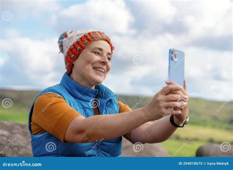 Woman Reaching The Destination And Taking Selfie Photos And Shouting On The Top Of Mountain