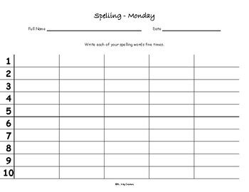 Write Spelling Words 5 Times Each Template Free