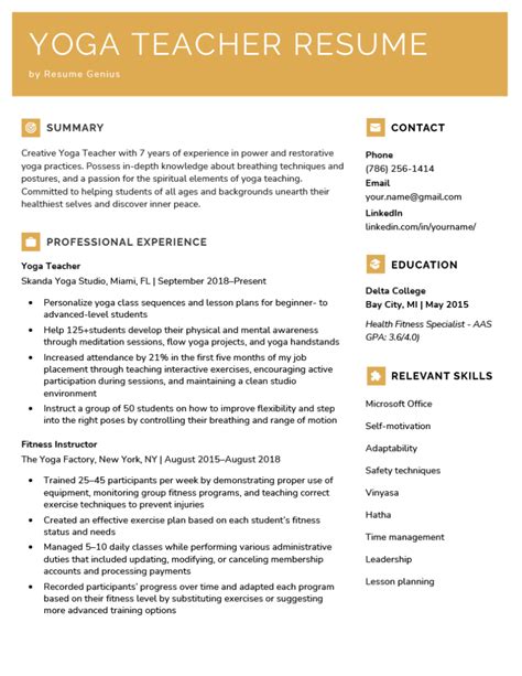 Yoga Teacher Resume Template Download